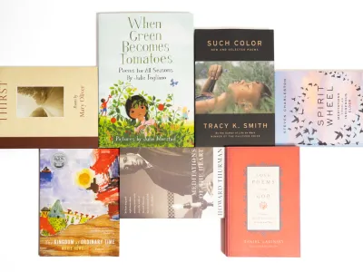 A flat-lay photograph of seven poetry books