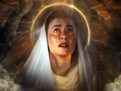 Caucasian woman with brunette hair looks skyward. She wears a nun's habit and her head is encircled by a halo as her head an shoulders emerge from the clouds.