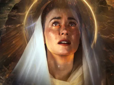 Caucasian woman with brunette hair looks skyward; her head and shoulders stretch upwards from clouds. She wears a nun's habit and her head is encircled by a halo.