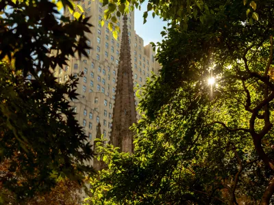 Trinity church tower behind trees