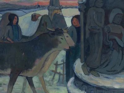 A painted scene featuring oxen approaching the Holy Family who are tucked away in the darkness of a barn, Christmas Night (The Blessing of the Oxen), Paul Gauguin