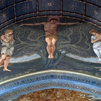 Mosaic showing Jesus on a cross and the tree of life