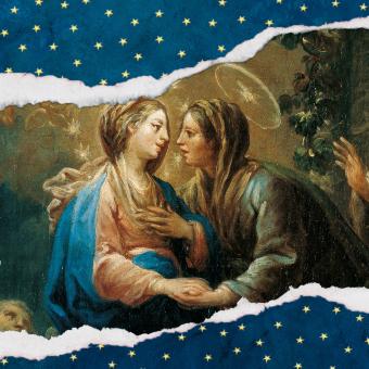 A collage featuring a painting of Mary and Martha behind ripped blue paper covered in stars with two figures in the foreground walking into the distance with a donkey