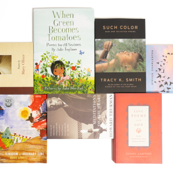 A flat-lay photograph of seven poetry books