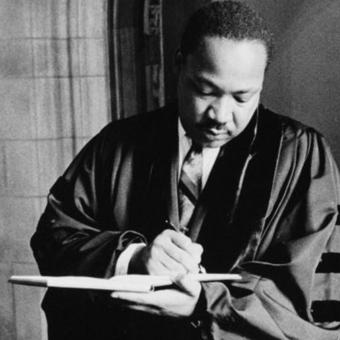 Martin Luther King Jr. in the offices of the Washington National Cathedral in 1968