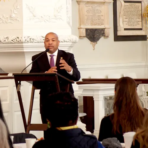 Speaker Heastie addresses an audience at St. Paul's Chapel.