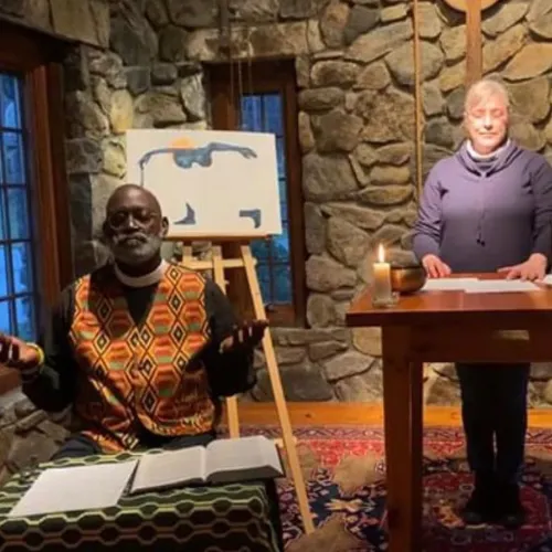 Dr. Kathy Bozzuti-Jones and The Rev. Dr. Mark Bozzuti-Jones in prayer during an Online Retreat