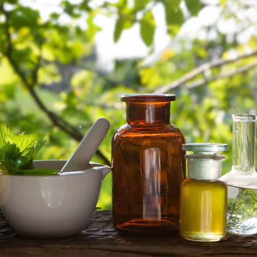 A mortar and pestle filled with leaves and vintage apothecary bottles filled with oils against a backdrop of green trees