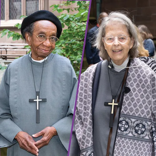 Sister Gloria Shirley at left stands in the Trinity Churchyard; Sister Ann Whittaker at right poses at the Parish Picnic